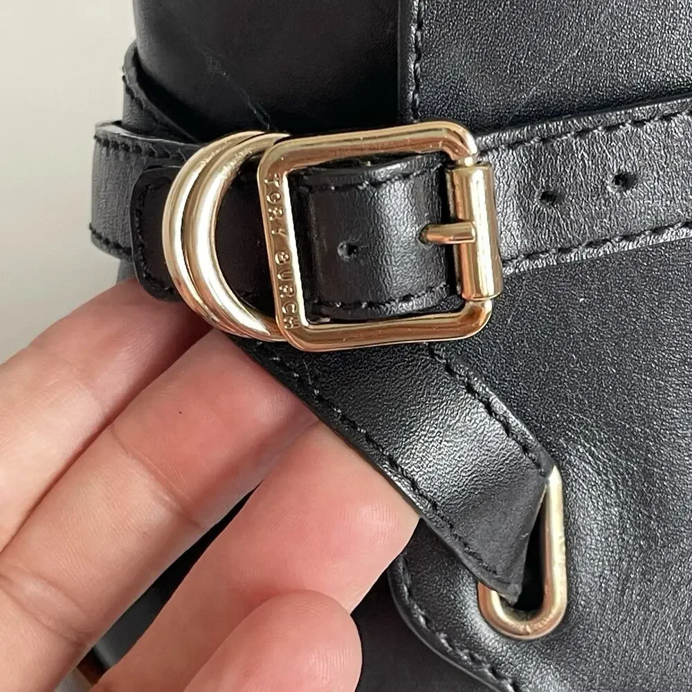 Tory Burch Black‎ Leather Harness Buckle Ankle Boots Size 8M Comfy Booties 5214